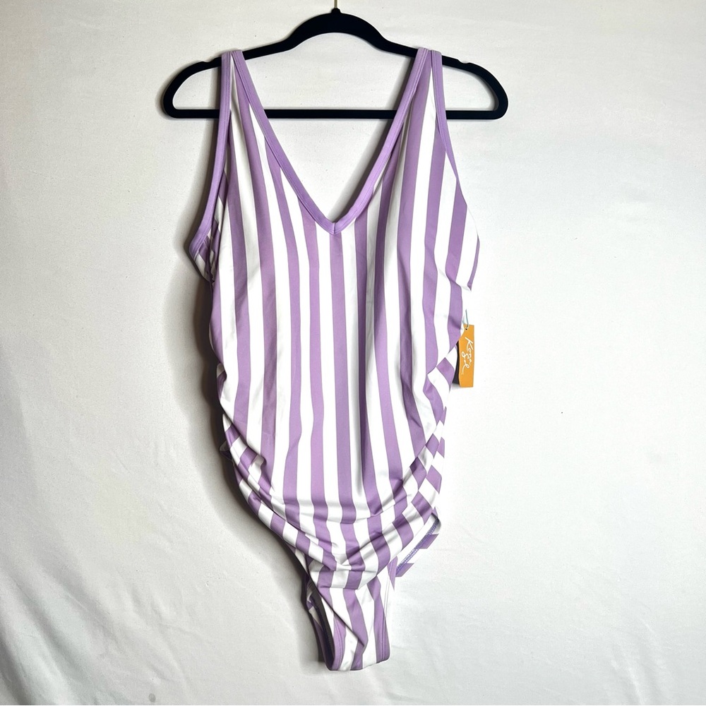 NWT Kona Sol One Piece Swimsuit Purple White Stripes Sz 20W Beach Vacation